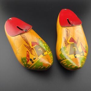 Vtg Dutch Wooden Shoe Coin Bank Wall Hanging‎ Windmill holland hand painted clog